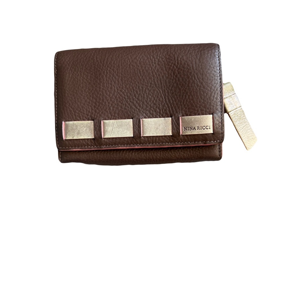 Nina Ricci Chocolate Leather Wallet with Gold Accents